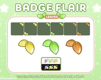 Può includere: Un set di badge digitali con foglie di cartoni animati in vari colori e dimensioni. Il testo "BADGE FLAIR" e "LEAVES" è visualizzato nella parte superiore dell'immagine. L'immagine include anche una tabella delle taglie con misure in pollici.
