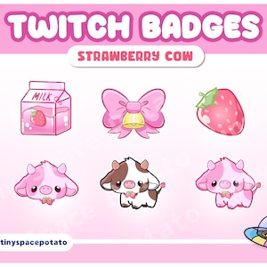 Twitch Sub Badges Strawberry Cow (SET OF 6) Kawaii Twitch Sub Badge Cute Twitch Bit Badge  Vtuber Cute Animal