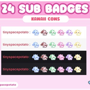 24 twitch sub badges kawaii cow aesthetic theme, pastel sub badges with two twitch sub badge flairs in a crown and heart, features kawaii milk, bell bow, cute cows in pink, blue, brown, green, purple and yellow stream package