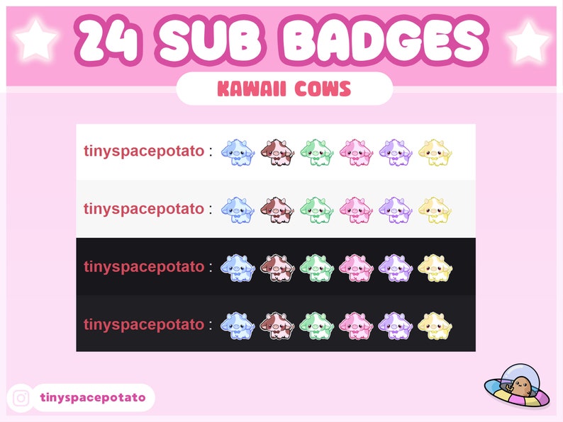 24 twitch sub badges kawaii cow aesthetic theme, pastel sub badges with two twitch sub badge flairs in a crown and heart, features kawaii milk, bell bow, cute cows in pink, blue, brown, green, purple and yellow stream package