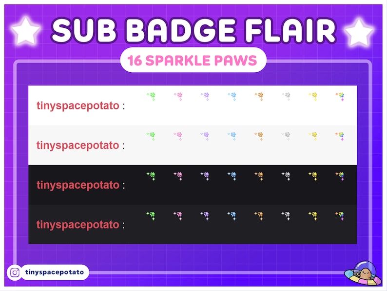 A set of kawaii 16 sparkle paw print sub badge flairs. They come in colors like rainbow, gold, blue, pink and more! This stream package makes for great vtuber assets. Pairs well with cat, dog, or bunny cute twitch overlays.