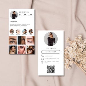 Peut inclure: Une carte de visite blanche avec du texte noir et un code QR. Le texte indique "LUCY.EYES LASH ARTIST -33692603501 LucyEyes@lashartist.com Av. Gustave Eiffel. 75007 Paris".