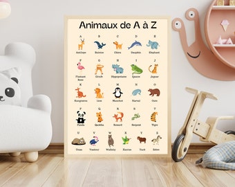 Abbecedary poster - French Animals - To print - Children's room wall decoration - birth gift - educational poster - Alphabet - A4