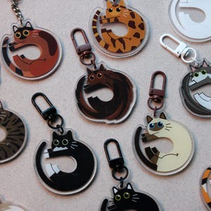 Porte-clés chat donut - Adorable breloque en acrylique | Noir, écaille de tortue, tigré, blanc, tacheté, orange, siamois, calicot, smoking, sphynx, chats duveteux