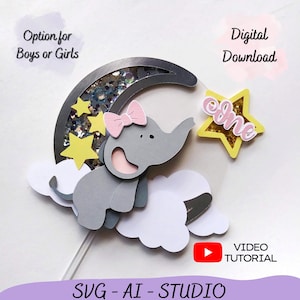 Elefanten Cake Topper SVG, Baby Elefant Geburtstag, Junge oder Mädchen Baby-Dusche, geschichtete Baby Elefant geschnitten Datei, ein SVG Elefant Shaker Topper