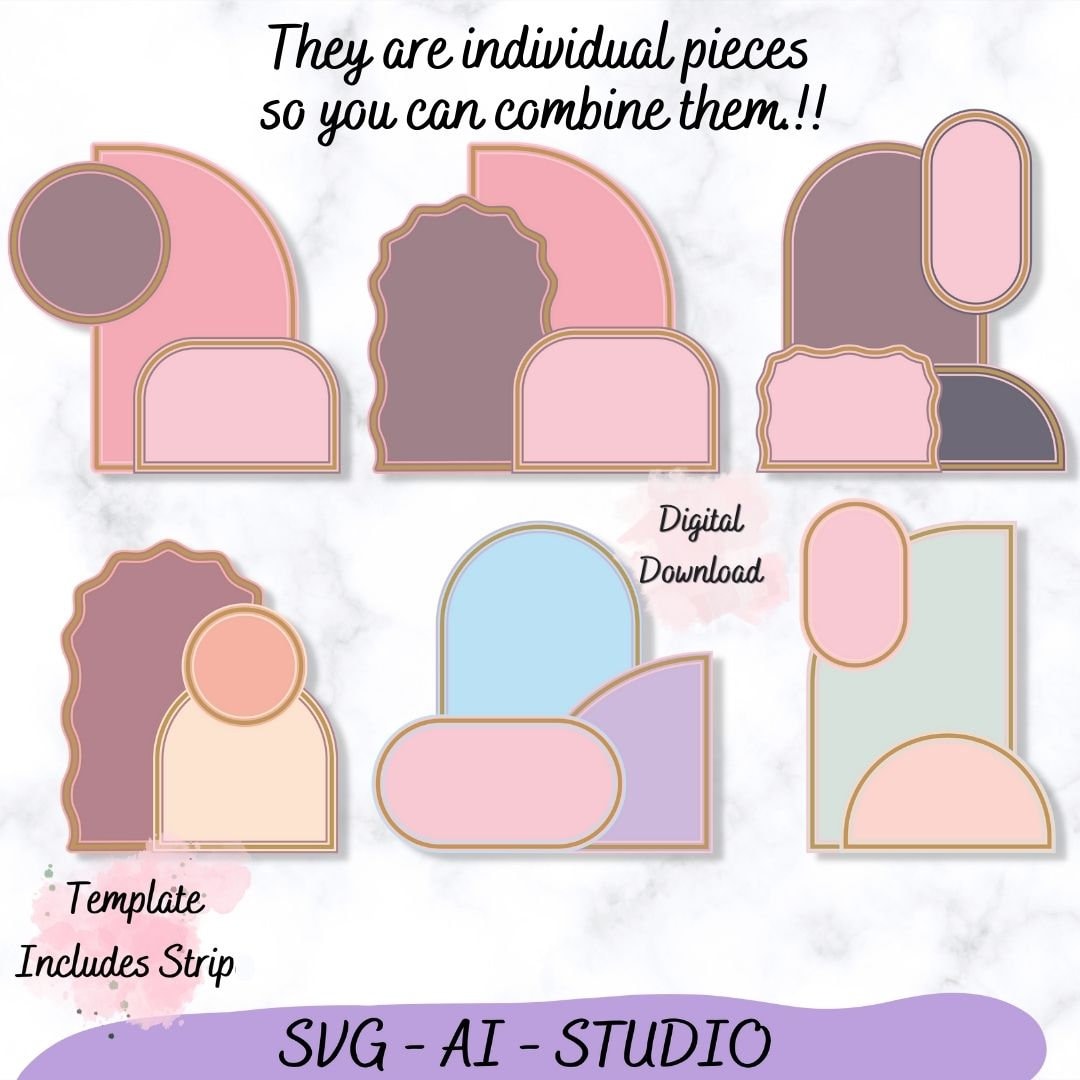Shaker cake topper templates bundle comes with 8 shapes.