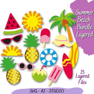 Summer Beach SVG, Summer Layered SVG Bundel, Beach Pool Party SVG, Cricut Studio, Watermeloen, Popsicle, Coconut, Surf Table Pinneaple Cuts