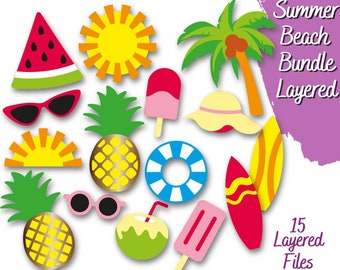 Summer Beach SVG, Summer Layered SVG Bundle, Beach Pool Party SVG, Cricut Studio, Watermelon, Popsicle, Coconut, Surf Table Pinneaple Cuts