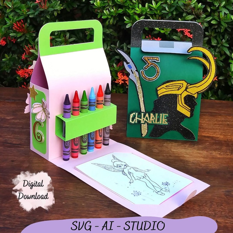 May include: A pink and green favor box with a handle, featuring a fairy and a coloring page. The box also includes a set of crayons and the text "Digital Download".