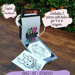 May include: A digital download for a printable coloring box featuring a cartoon character with horns. The box includes two pieces with holes for four or six crayons. The box is decorated with black glitter.