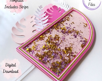 May include: Pink and white layered paper craft with a glitter frame. The frame has a pink background with gold and purple glitter. The text "SVG - AI - STUDIO" is at the bottom of the image. The text "Layered Files" is in a purple circle at the top right of the image. The text "Template Includes Stripe" is in a pink circle at the top left of the image.