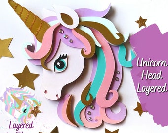 Unicorn Cake Topper SVG, Unicorn Head Layered SVG, Unicorn Face Cricut Cut File, Unicorn Party Topper Layers, 3D Unicorn Cardstock Template