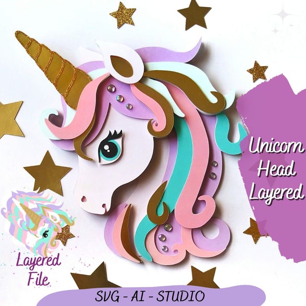 Unicorn Cake Topper SVG, Unicorn Head Layered SVG, Unicorn Face Cricut Cut File, Unicorn Party Topper Layers, 3D Unicorn Cardstock Template