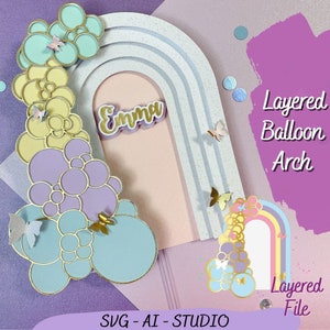 Arc avec guirlande de ballons modèle SVG, scénario de décoration de gâteau Boho Chiara Arch, arc-en-ciel de gâteau SVG, fichier de coupe pour Cricut - Silhouette
