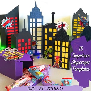 Szablon pudełka Superhero City, 3D Skyscrapers, Plik do cięcia pudełka na prezenty Comic Buildings, Pudełko na prezenty Cityscape Cricut SVG Studio, Pudełko na smakołyki Heros SVG
