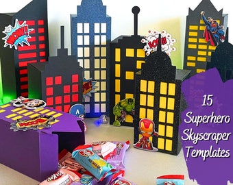 Modèle de boîte de ville de super-héros, gratte-ciel 3D, fichier de coupe de boîte-cadeau de bâtiments comiques, boîte de faveur de paysage urbain Cricut SVG Studio, boîte de friandises de héros SVG