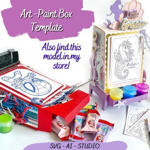 May include: A red and blue paint box template with a Spiderman design. The box is open and has candy inside. The template is also available in a mermaid design with a seahorse illustration. The text "Art-Paint Box Template" and "SVG-AI-STUDIO" are visible.