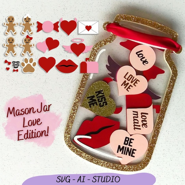 Valentine's Day Mason Jar SVG, Valentine Ornament SVG, Mason Jar Vase, Cookie Jar SVG, Family Pet Memorial Love Cut File, 3D Valentines Svg