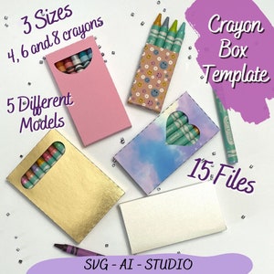 Crayon Box Template SVG, Wax Crayon Box Bundle 4, 6, 8 Crayons, Color Pen Gift Box Cut File, Favor Box for Cricut SVG, Silhouette Studio