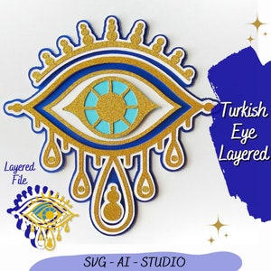 May include: Layered papercraft design of a blue and gold Turkish evil eye with teardrop shapes hanging from the bottom. The design is labeled "Turkish Eye Layered".