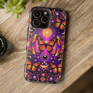 Vibrant Celestial Butterfly iPhone Case, Butterflies, Stars And Moon, MagSafe Compatible, iPhone Case 16, 15, 14 & 13, Phone Accessories