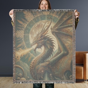 Couverture tissée médiévale dragon, noyau de château, décoration médiévale, amoureux des dragons, tapisserie médiévale, couverture fantastique, cadeau d&#39;anniversaire,