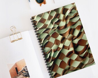 Checkerboard Pattern Spiral Notebook, Wave Design, Checker Notebook, Olive Green, Brown, Checker Pattern, Journal Notebook, Gift For Student