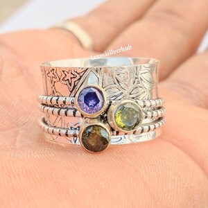 Handmade Sterling Silver Three Stone Spinner Ring: Amethyst Design