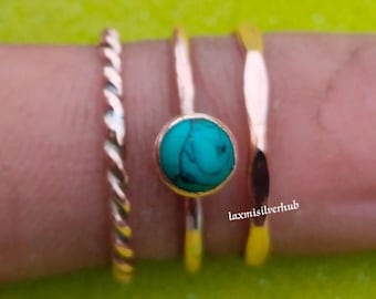 Copper Stacking Ring Set with Ethiopian Turquoise, Boho Style