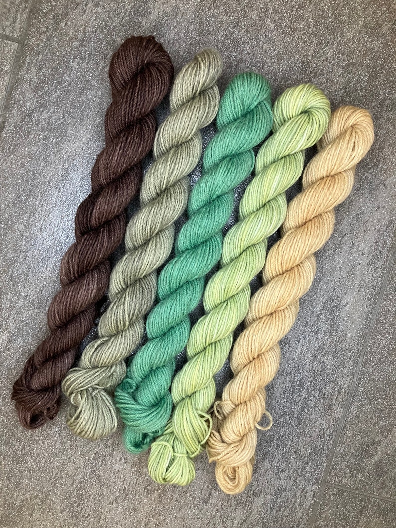 Yarn Minis Wool hand dyed sock wool skein 5x20g knitting crochet mini set grass woodlands highlands garden herbs earth basil image 1