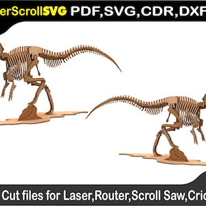 Könnte beinhalten: Zwei Dinosaurierskelette aus Holz, eines nach links und eines nach rechts gerichtet, sind in einer Laufposition dargestellt. Die Skelette sind aus lasergeschnittenem Holz gefertigt und bereit zum Zusammenbauen. Das Bild enthält den Text "LaserScrollSVG PDF, SVG, CDR, DXF" und "Schnittdateien für Laser, Fräser, Laubsäge, Cricut".