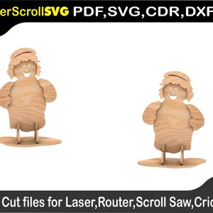 May include: Two wooden cutout figures of a smiling person with a round head and short limbs. The figures are standing on a base and are ready to be assembled.