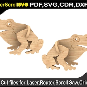 May include: Two wooden frog cutouts, one facing left and one facing right. The frogs are made of light brown wood and have a simple, cartoonish design.