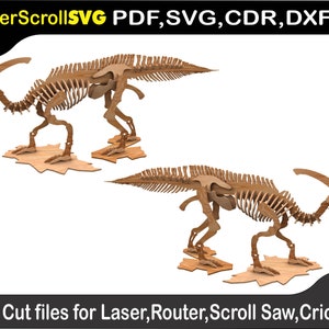 Puede incluir: Dos modelos de esqueleto de dinosaurio Parasaurolophus de madera. Los modelos son de color marrón claro y están ensamblados, de pie sobre bases de madera. La imagen incluye el texto "LaserScrollSVG PDF, SVG, CDR, DXF" y "Cut files for Laser, Router, Scroll Saw, Cricut."