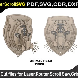 May include: Two layered wooden tiger head cut files for laser, router, scroll saw, and Cricut. The design features a detailed tiger face with layered sections, whiskers, and the text "ANIMAL HEAD TIGER". The image also includes the text "LaserScrollSVG PDF, SVG, CDR, DXF".