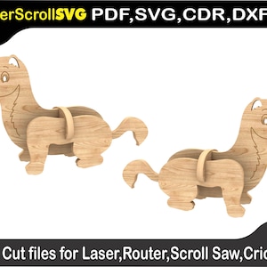 May include: Two wooden cutout animal figures of a weasel or ferret. The figures are in a standing position with their tails curled up. The figures are made of light brown wood and have black eyes and a black nose.