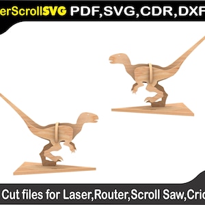 Op de afbeelding: Twee houten dinosaurusmodellen, een staand op een basis en de andere met zijn staart uitgestoken. De modellen zijn gemaakt van lichtbruin hout en hebben een eenvoudig, gestileerd ontwerp. De tekst "LaserScrollSVG PDF, SVG, CDR, DXF" staat bovenaan de afbeelding. De tekst "Cut files for Laser, Router, Scroll Saw, Cricut" staat onderaan de afbeelding.