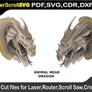 Może przedstawiać: Dwa beżowe elementy dekoracyjne na ścianę w kształcie głowy smoka. Głowy smoków są zamontowane na tablicy w kształcie tarczy ze złotą obwódką. Obraz zawiera tekst "LaserScrollSVG PDF, SVG, CDR, DXF" i "ANIMAL HEAD DRAGON". Dolny tekst brzmi "Cut files for Laser, Router, Scroll Saw, Cricut".