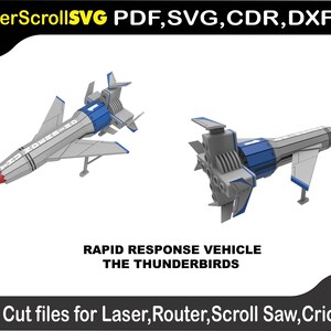 Puede incluir: Dos diseños de modelos 3D del vehículo de respuesta rápida de los Thunderbirds. Los modelos son principalmente grises con detalles en azul y rojo. Se muestra el texto "LaserScrollSVG PDF, SVG, CDR, DXX" y "Cut files for Laser, Router, Scroll Saw, Cricut".