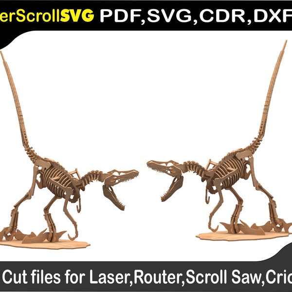 Velociraptor pose 2 Dinosaur Digital Pattern Template file for Laser SVG DXF CDR Glowforge Scroll Saw, Plasma Cricut ,3d Puzzle