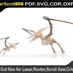May include: Two wooden cut-out models of a Pterodactyl dinosaur skeleton. The models are in a flying pose with wings outstretched. The larger model is in the foreground and the smaller model is in the background. The models are on a white background. LaserScrollSVG PDF, SVG, CDR, DXF. Cut files for Laser, Router, Scroll Saw, Cricut.