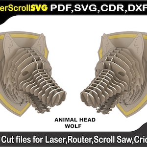 Peut inclure: Deux têtes de loup en relief, découpées dans un matériau brun clair, montées sur une plaque en forme de bouclier avec une bordure dorée. Le texte "ANIMAL HEAD WOLF" est en dessous. Le texte "Cut files for Laser, Router, Scroll Saw, Cricut" est également présent.
