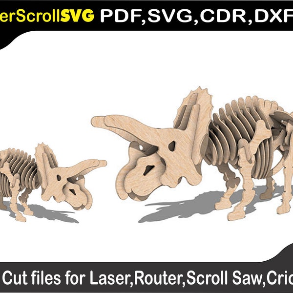 Triceratops Dinosaur Digital Pattern Template file for Laser SVG DXF CDR Glowforge Scroll Saw, Plasma Cricut Silver Bullet,3d Puzzle