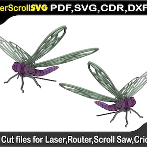 Puede incluir: Dos archivos de corte de libélulas, con cuerpos morados y alas verdes. La imagen incluye el texto "LaserScrollSVG PDF, SVG, CDR, DXF" y "Cut files for Laser, Router, Scroll Saw, Cricut."