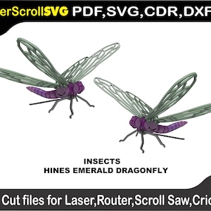 Puede incluir: Dos archivos de corte de libélula esmeralda Hines. Las libélulas son moradas y grises, con alas detalladas. La imagen incluye el texto "LaserScrollSVG PDF, SVG, CDR, DXF" y "Cut files for Laser, Router, Scroll Saw, Cricut."
