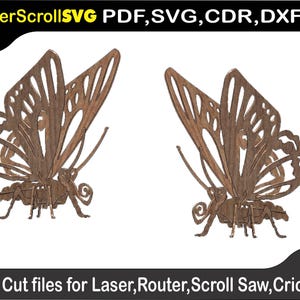 May include: Two laser cut butterfly designs, each with intricate details and a delicate, wooden appearance.