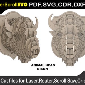 Puede incluir: Dos diseños detallados de cabezas de bisonte en capas, adecuados para corte por láser o manualidades similares. Las cabezas son de color marrón claro y están montadas sobre una placa de madera. El texto incluye "LaserScrollSVG PDF, SVG, CDR, DXX", "ANIMAL HEAD BISON" y "Cut files for Laser, Router, Scroll Saw, Cricut."