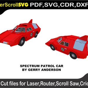May include: Two red Spectrum Patrol Cars, designed by Gerry Anderson, are displayed. The cars feature a unique shape with a fin and light blue windows. The image includes the text "LaserScrollSVG PDF, SVG, CDR, DXF" and "Cut files for Laser, Router, Scroll Saw, Cricut."