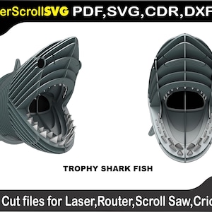 May include: A gray, layered shark trophy design, with open mouth and visible teeth, presented in two views. The text "TROPHY SHARK FISH" is below the shark. The image also includes the text "LaserScrollSVG PDF, SVG, CDR, DXF" and "Cut files for Laser, Router, Scroll Saw, Cricut."