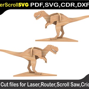 May include: Two wooden dinosaur models, one standing on a triangular base and the other lying down, ready to be assembled. Cut files for Laser, Router, Scroll Saw, Cricut.